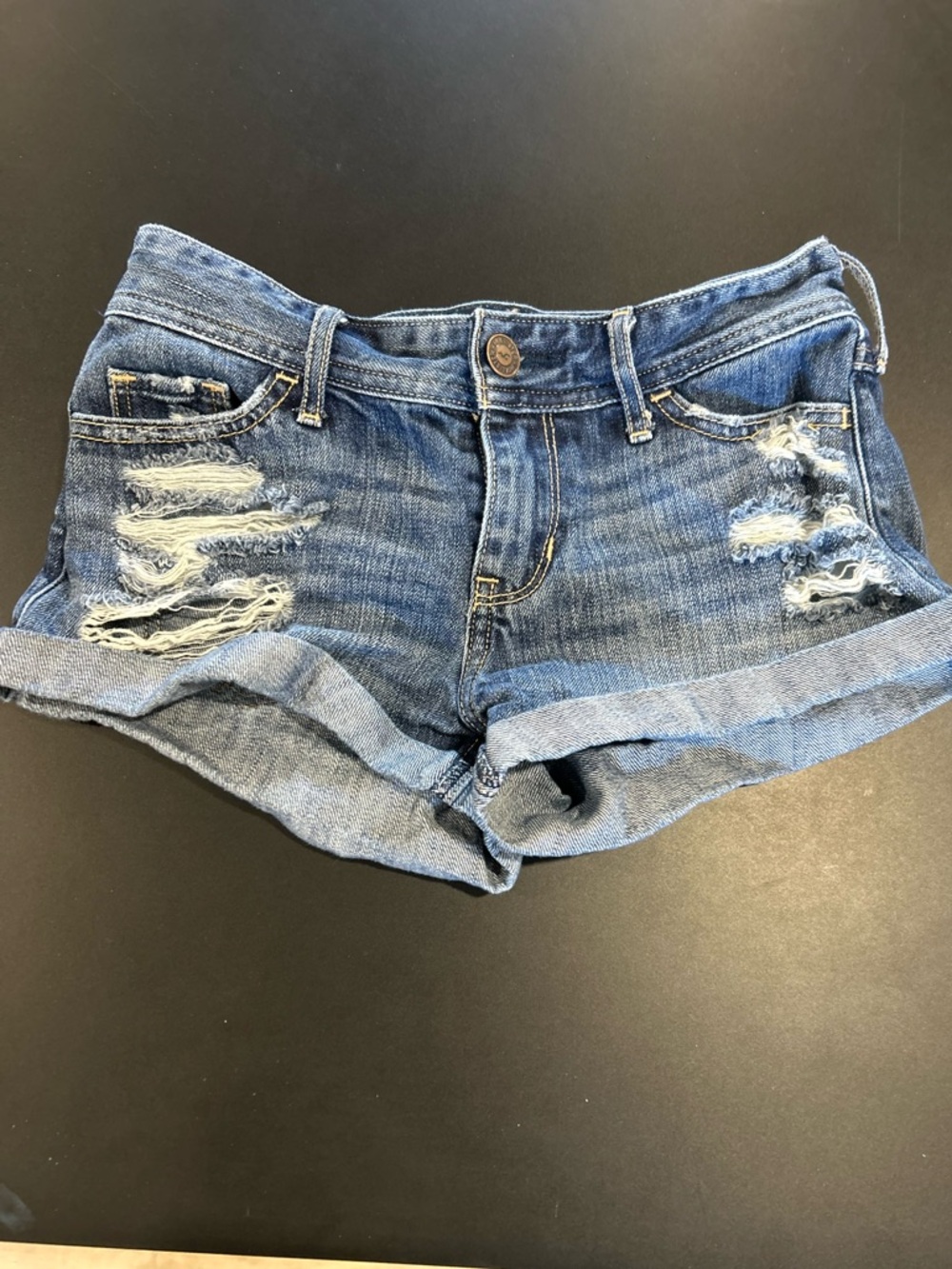 Hollister Distressed Rolled Hem Denim Shorts - Blue